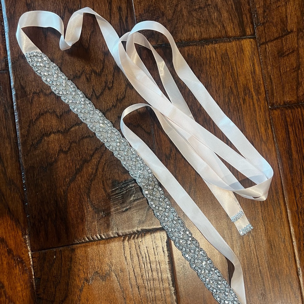 Bridal Rhinestone Crystal Sash Belt – Pale Pink Satin Ribbon – 16” Beaded Panel